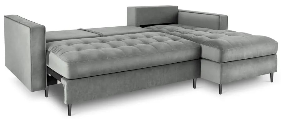 Divano letto angolare in velluto grigio chiaro, angolo destro Santo - Milo Casa
