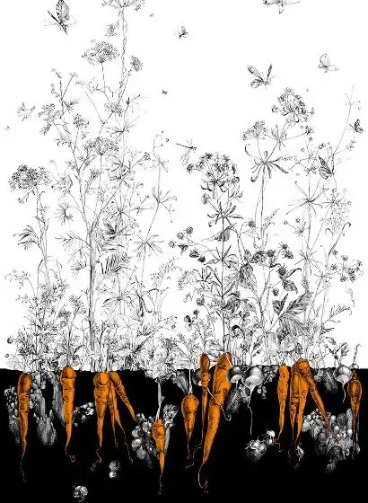 Edmond Petit Carta da parati Lièvres/Fenouil/Tournesol - Noir Orange - Fenouil Sauvage Gauche - Noir Orange Doré