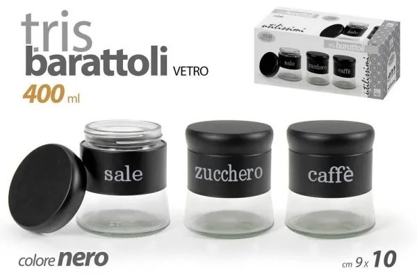 Trade Shop - Set Tris Barattoli Sale Zucchero Caffè Metallo In Vetro 400ml Nero 9x10cm 816598