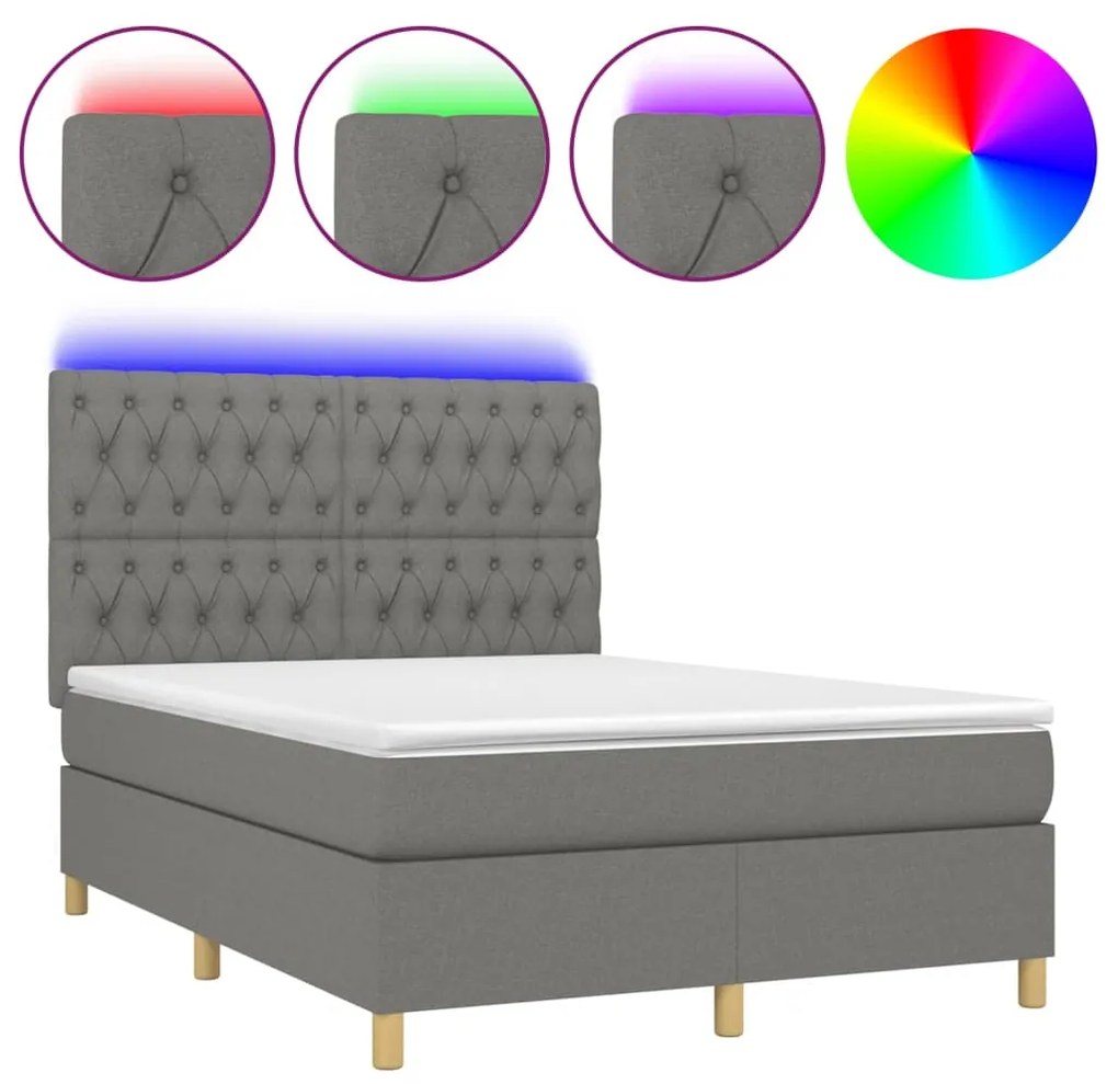 Letto a molle materasso e led grigio scuro 140x200cm in tessuto