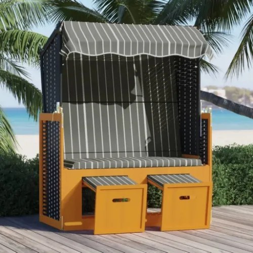 Strandkorb con Tettoia Polyrattan Legno Massello Nero e Grigio