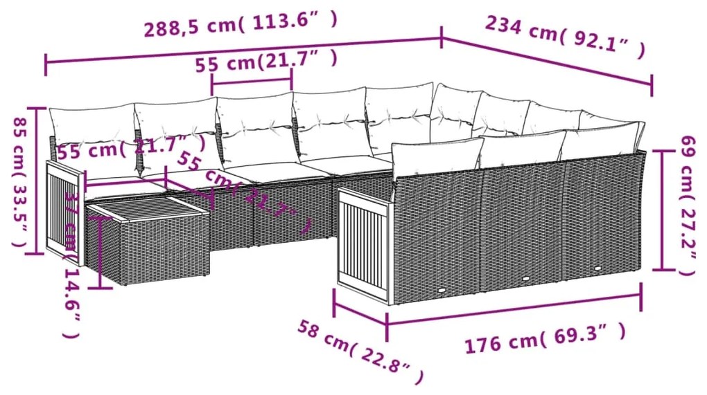 Set Divani da Giardino 11 pz con Cuscini in Polyrattan Nero