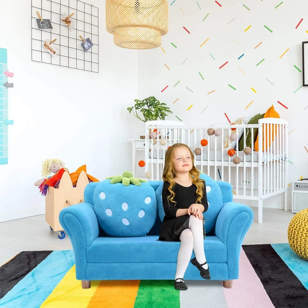 Costway Divano per bambini con cuscini Poltrona per bimbi morbido a forma di fragola 90x55x48cm Blu