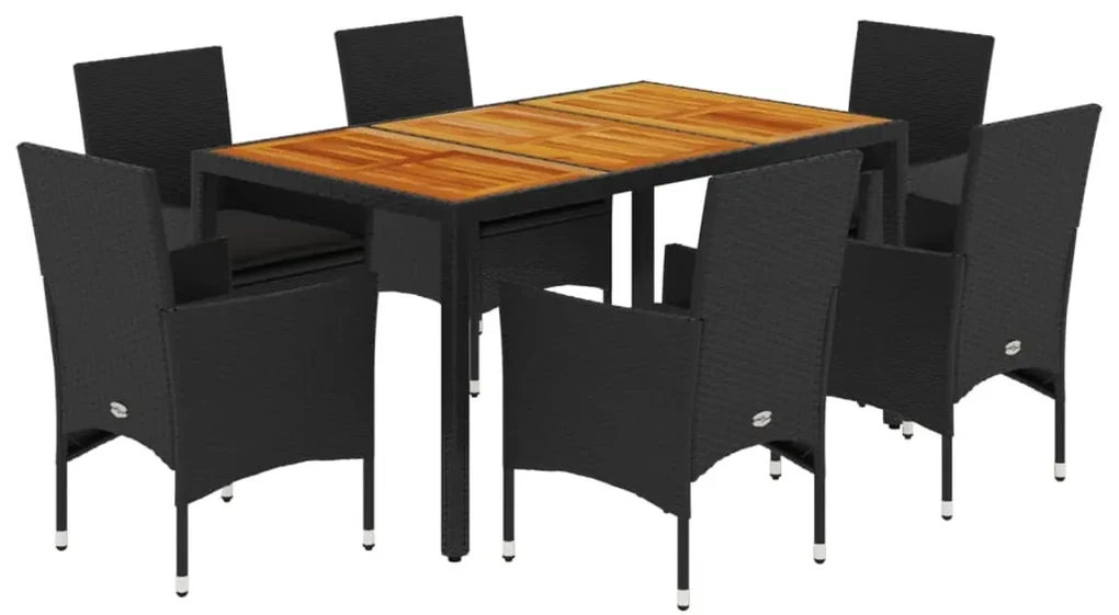 Set pranzo da giardino 7 pz nero con cuscini polyrattan acacia