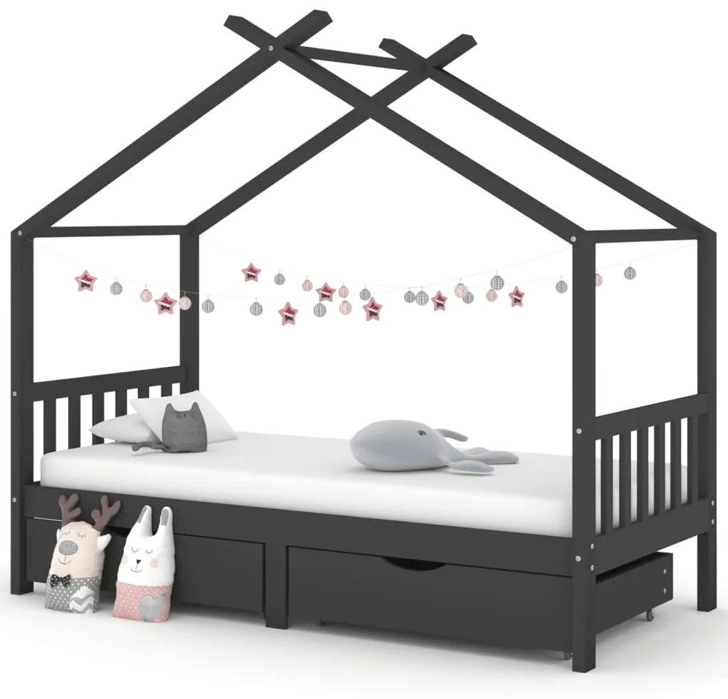 Giroletto Bambini Cassetti Grigio Scuro Pino Massello 90x200 Cm /