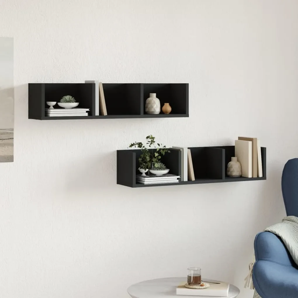 Mobili parete 2 pz neri 75x18x16,5 cm in legno multistrato