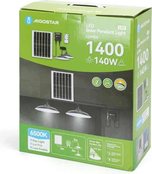 Aigostar - Lampada solare a sospensione LED 2xLED/70W/12V 12000 mAh 6500K Ø 23,5 cm + telecomando