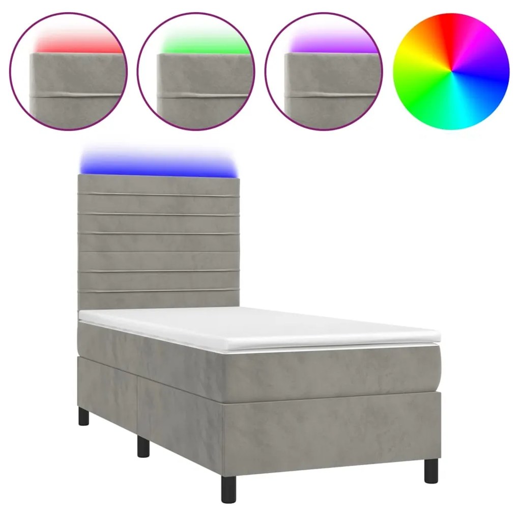 Letto a molle materasso e led grigio chiaro 80x200 cm velluto