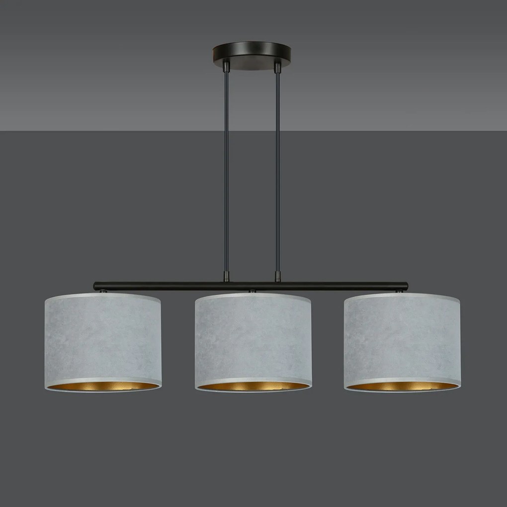 Lampadario 3 Luci Ganesha In Acciaio Nero E Paralumi In Tessuto Grigio