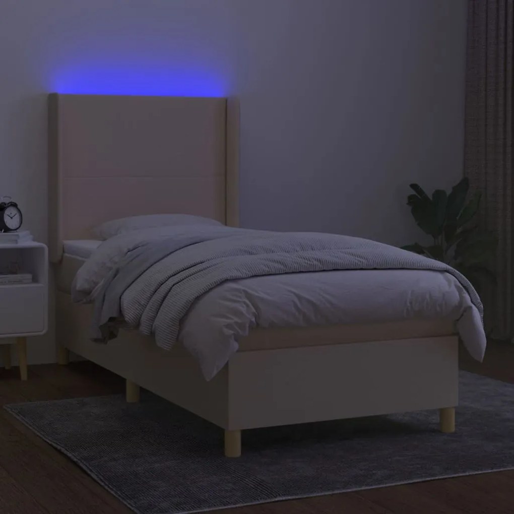 Letto a molle con materasso e led crema 90x200 cm in tessuto