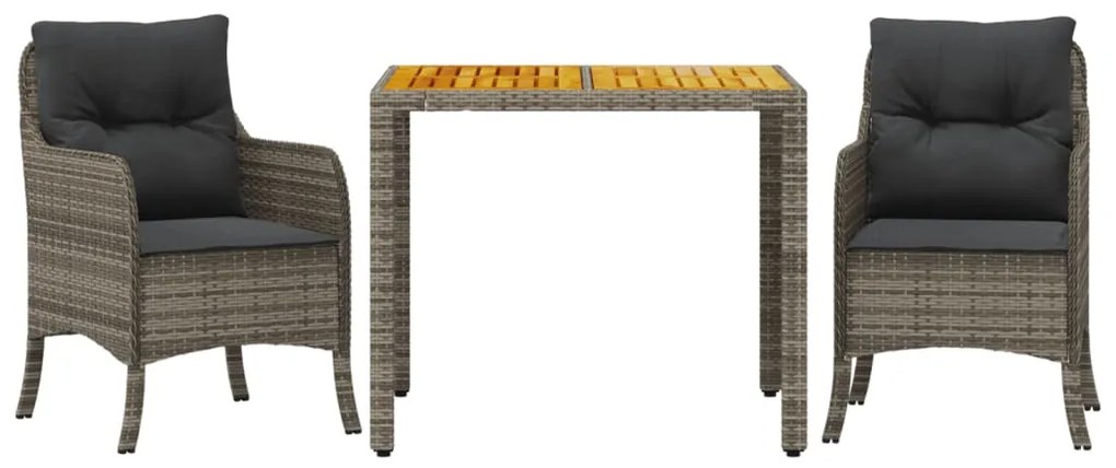 Set da pranzo da giardino 3 pz con cuscini in polyrattan grigio