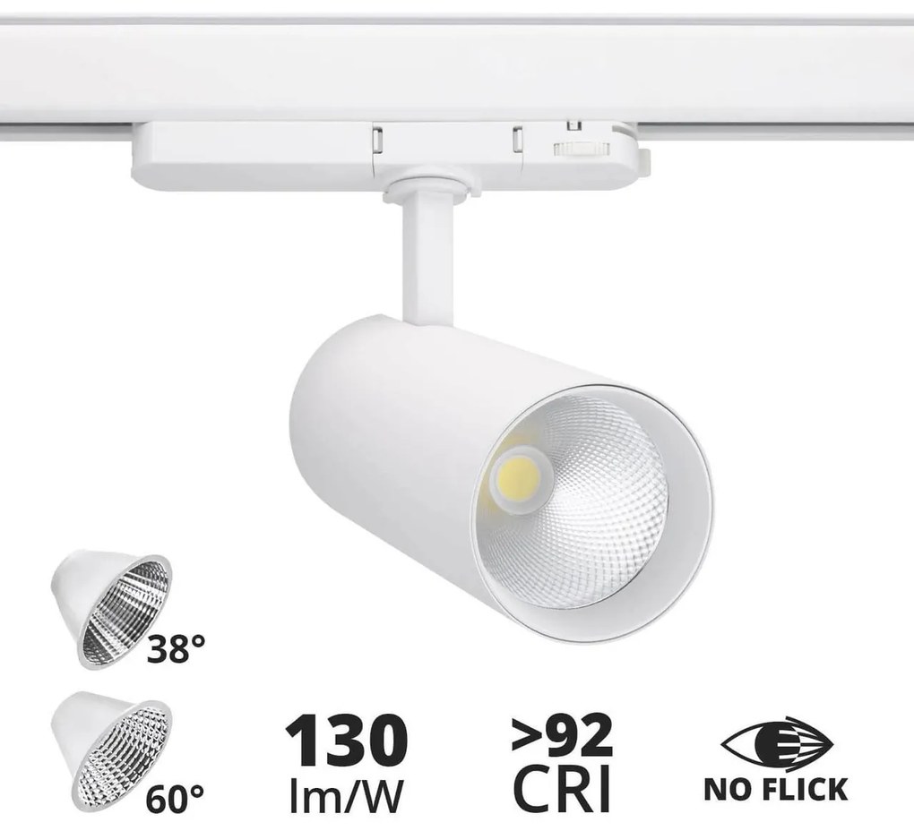 Faro LED 34W per Binario Trifase 38° + 60° Bianco con driver Philips CRI92 Colore Bianco Caldo 2.700K