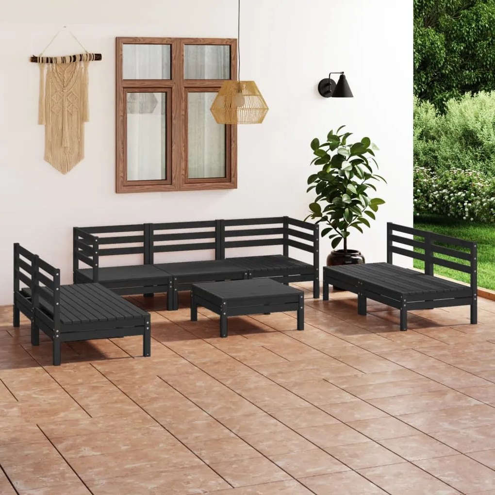 Set divani da giardino 8 pz nero in legno massello di pino