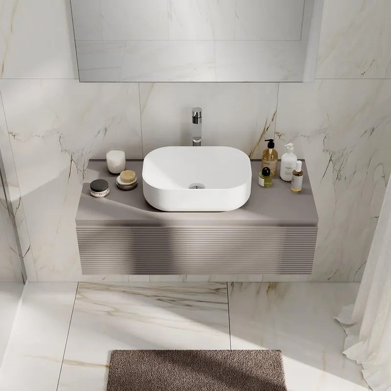 Mobile da bagno sospeso Step rigato con top , 1 cassetto un cassetto a chiusura ammortizzata L100 taupe, lavabo non incluso