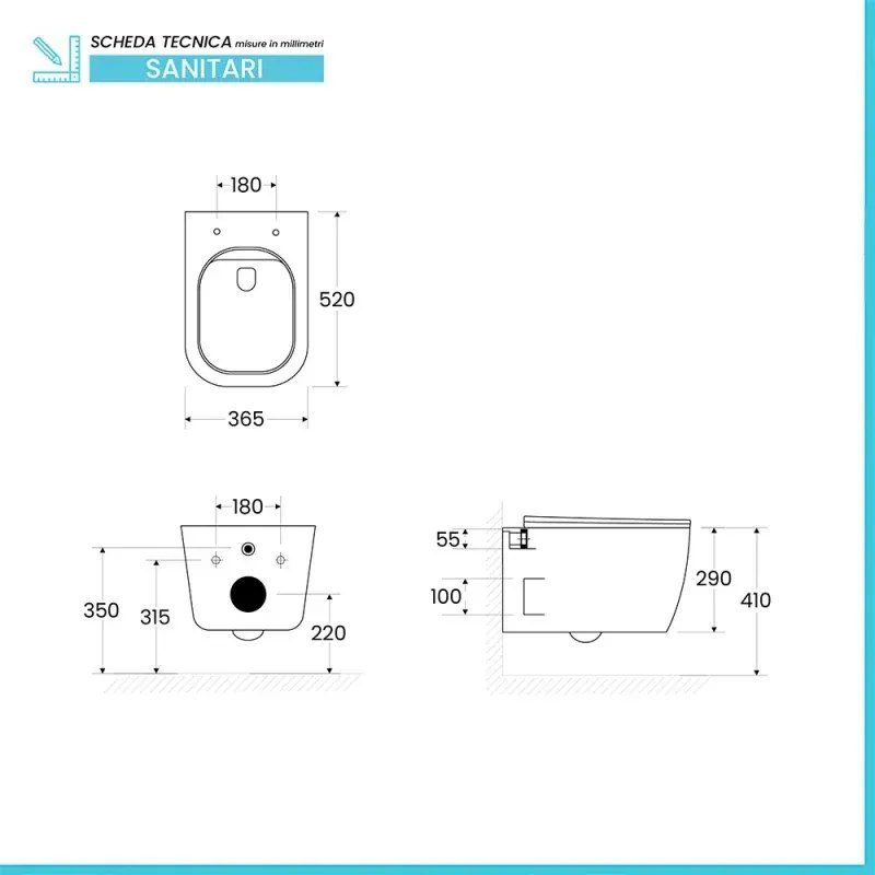 Wc sospeso bianco design quadrato in ceramica con scarico Rimless Kayra