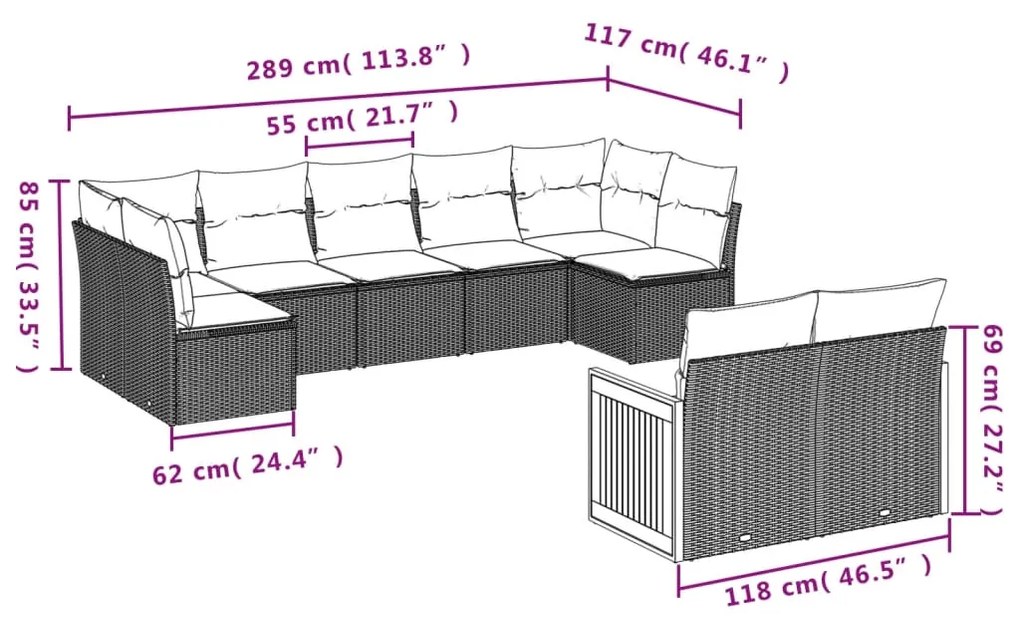 Set Divano da Giardino 9 pz con Cuscini Beige in Polyrattan