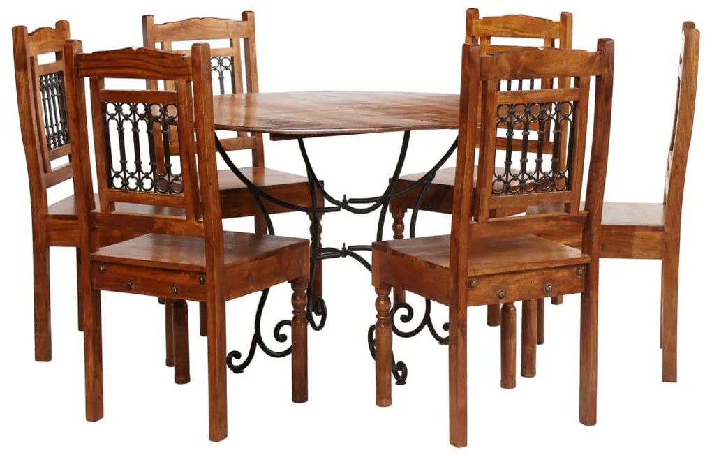Set Tavolo Da Pranzo 7 Pz İn Legno Massello Di Acacia /