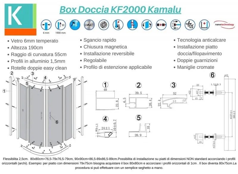 Kamalu - box doccia 80x80 semicircolare vetro opaco kf2000