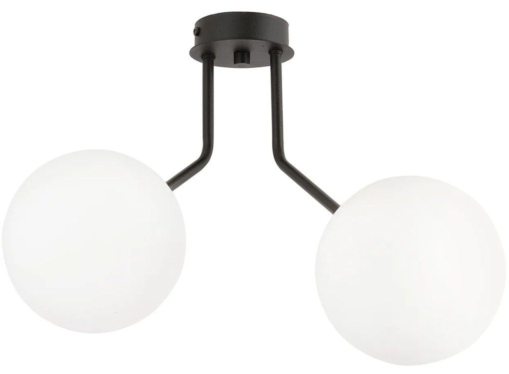 Plafoniera Moderna 2 Luci Orione In Acciaio Nero E Sfere Vetro Opale