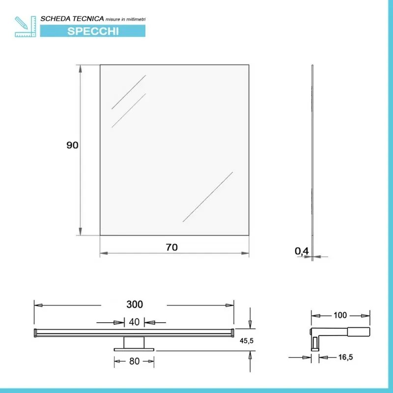 Specchio bagno 70x90 cm reversibile con luce LED naturale