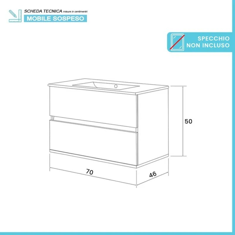 Mobile bagno sospeso 70 cm rovere bianco completo con lavabo Nadia