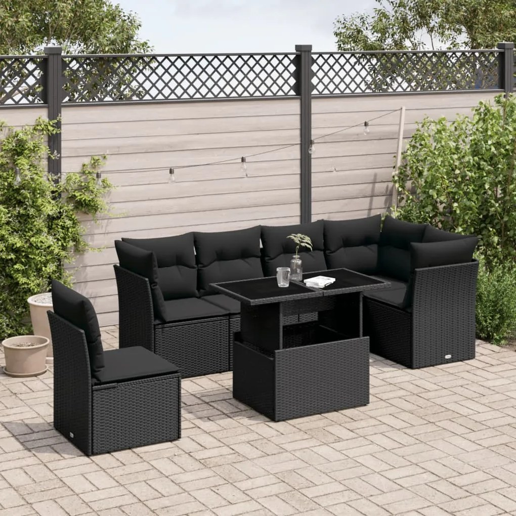 Set divani da giardino con cuscini 7pz nero polyrattan