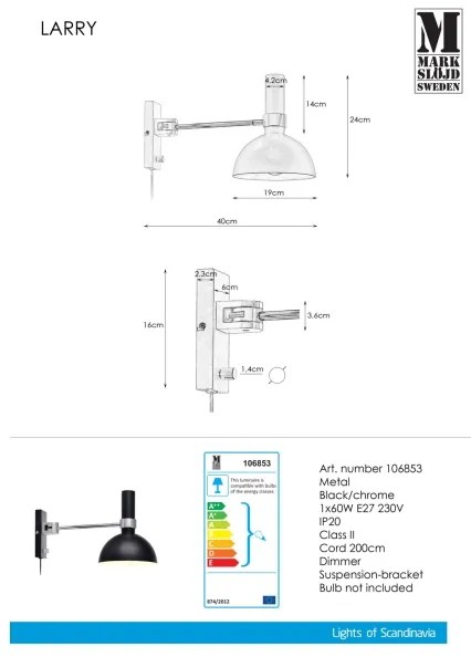 Markslöjd 106970 - Applique dimmerabile LARRY 1xE27/60W/230V