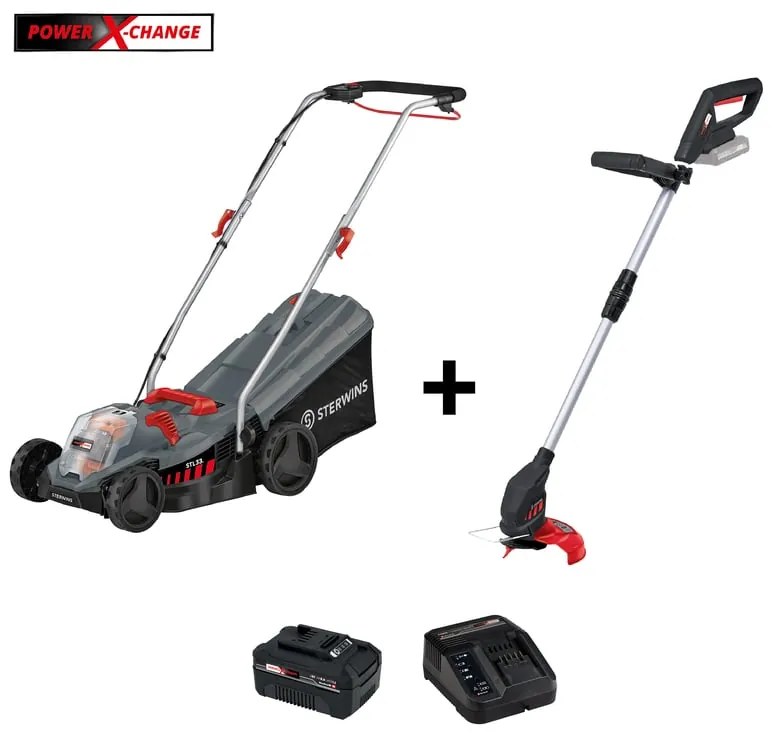 Tagliaerba a batteria STERWINS + tagliabordi Power X-Change 18V L 33 cm, batteria e caricabatteria inclusi