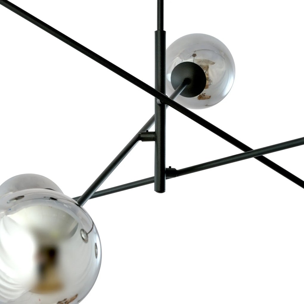 Lampadario 6 Luci Linear In Acciao Nero Con Bracci Regolabili E Vetro Fumè