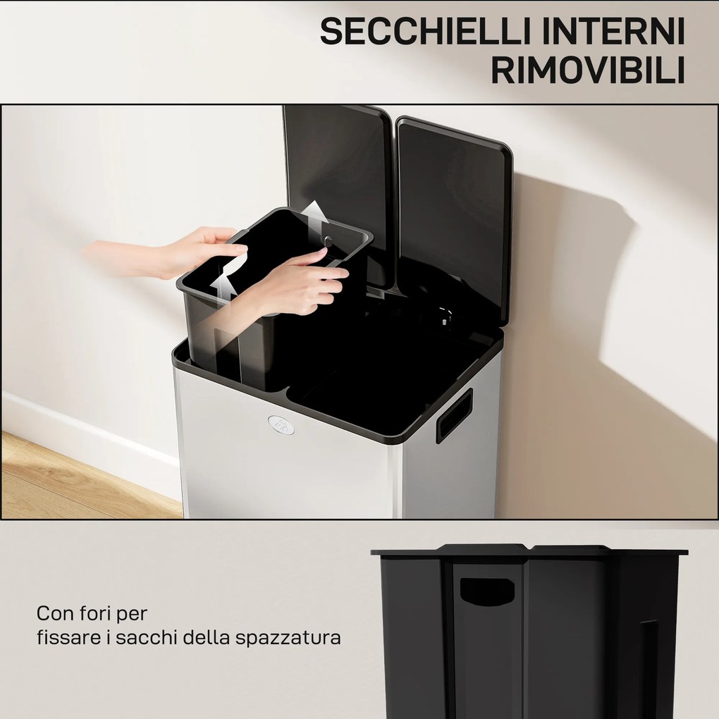 Pattumiera Differenziata Cestino Spazzatura 2 Scomparti da 28L in Acciaio Inox Argento...