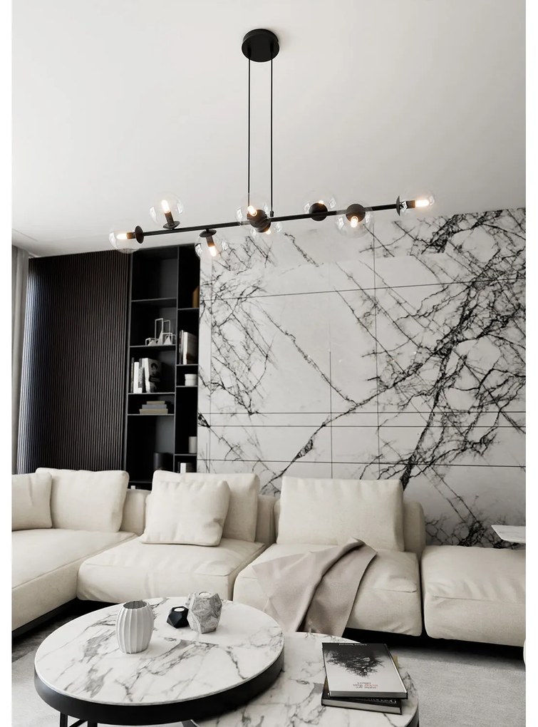 Lampadario Contemporaneo 8 Luci Durga In Acciaio Nero E Sfere Vetro Trasparente
