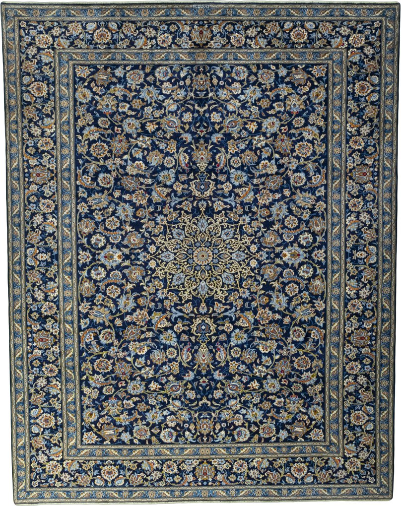 Kashan Tappeto 400x310 Blu (Iran) Annodato A Mano