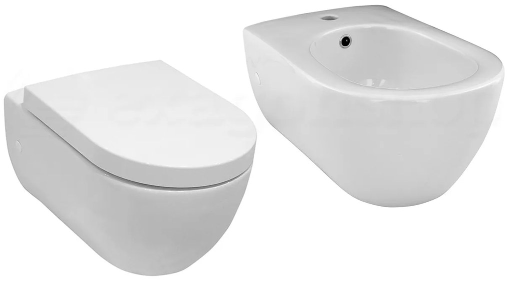 Coppia sanitari sospesi bidet e vaso con sedile rallentato bianco lucido Porcelanosa Noken Arquitect