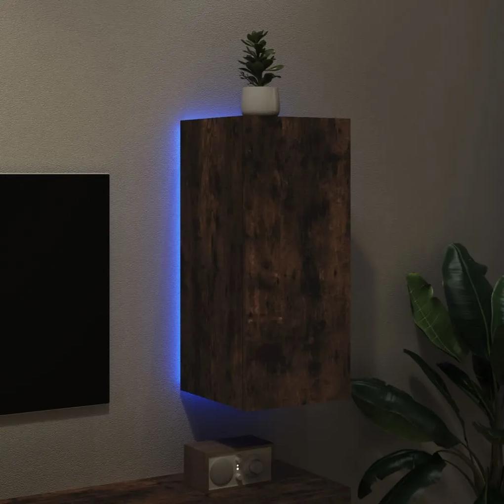 Mobile tv a parete con luci led rovere fumo 30,5x35x70 cm