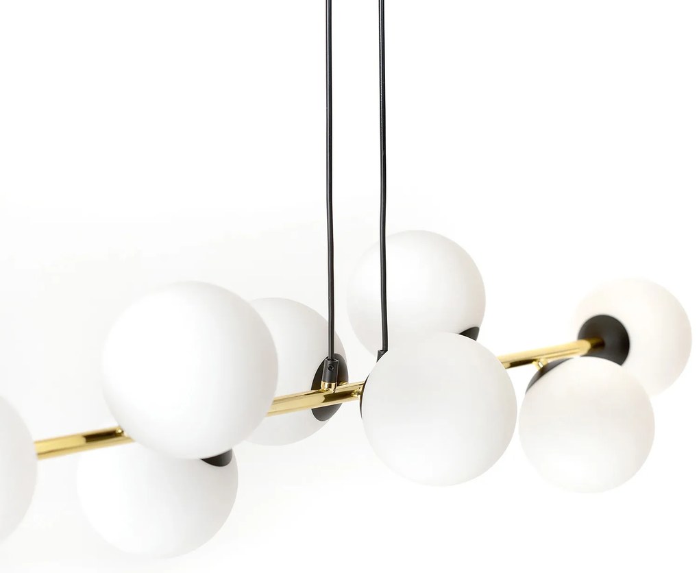 Sospensione Contemporanea Rhiannon 6 Luci In Acciaio Oro E Sfere In Vetro Bianco