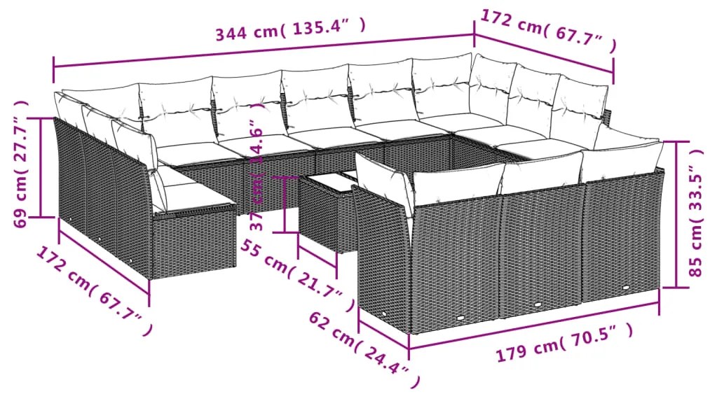 Set divani da giardino 14pz con cuscini in polyrattan beige