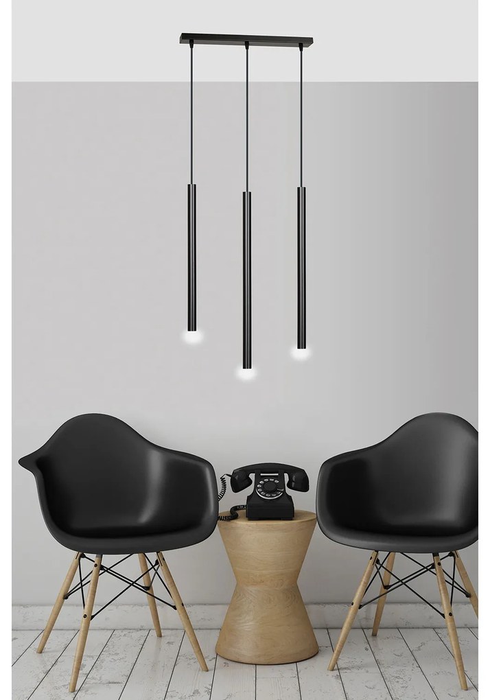 Lampadario 3 Luci Moderno Shu Acciaio Nero E Paralumi A Cilindri Sottili