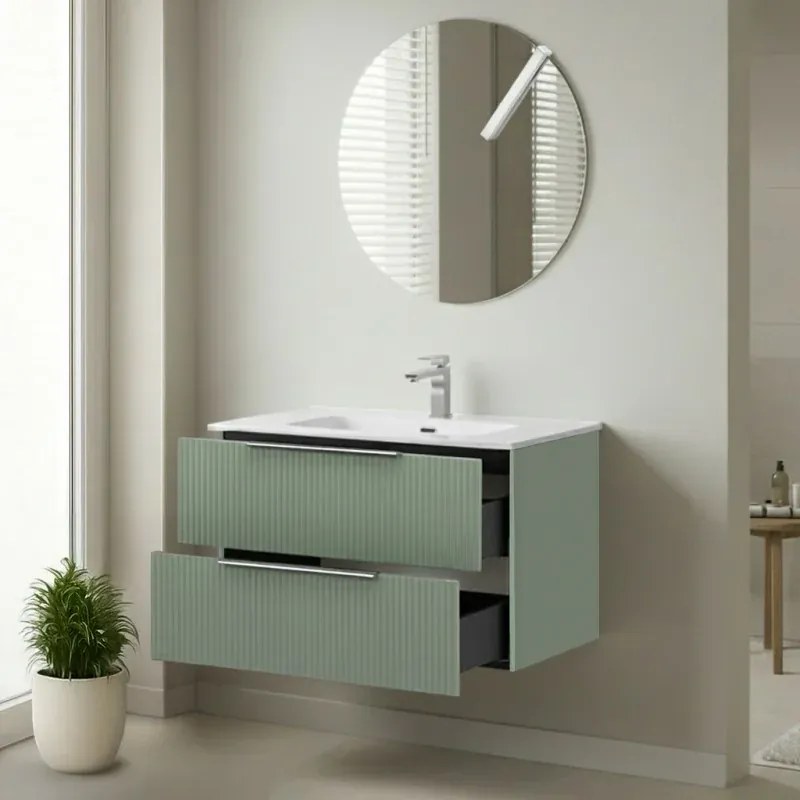 Mobile bagno sospeso 80 cm verde cannettato con lavabo e specchio tondo Zena