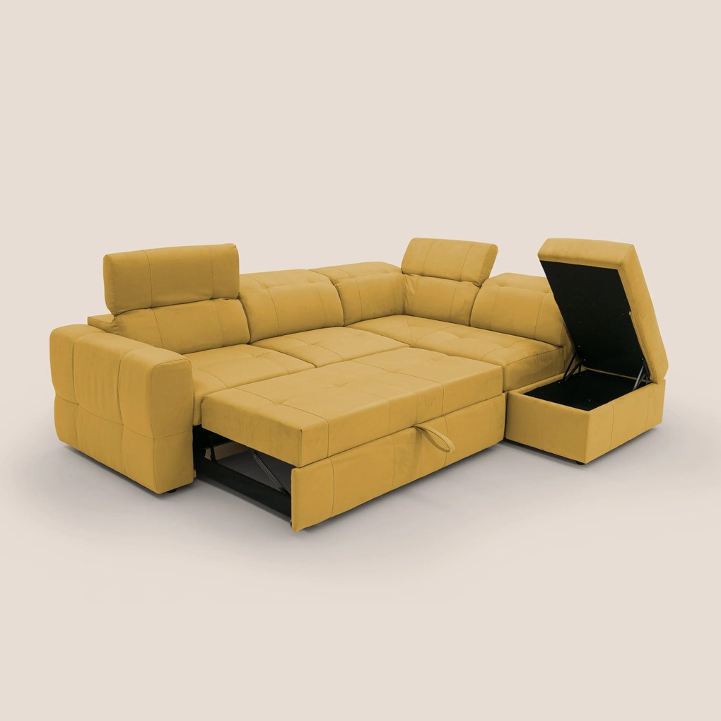 Kronos Divano angolare con poggiapiedi estraibile e pouf contenitore mobile in microfibra impermeabile T11 giallo