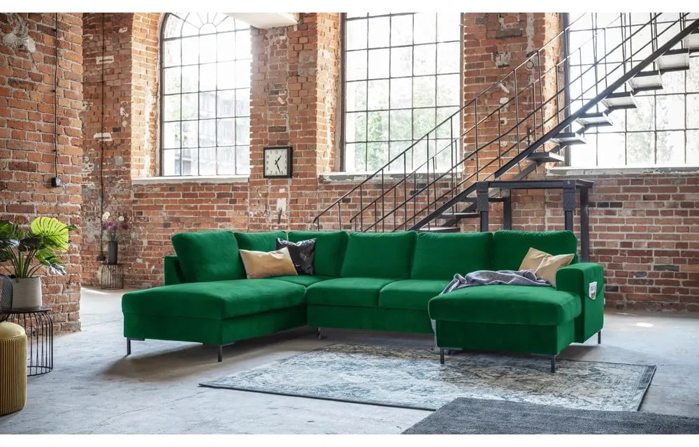 Divano letto a U in velluto verde, angolo sinistro Lofty Lilly - Miuform