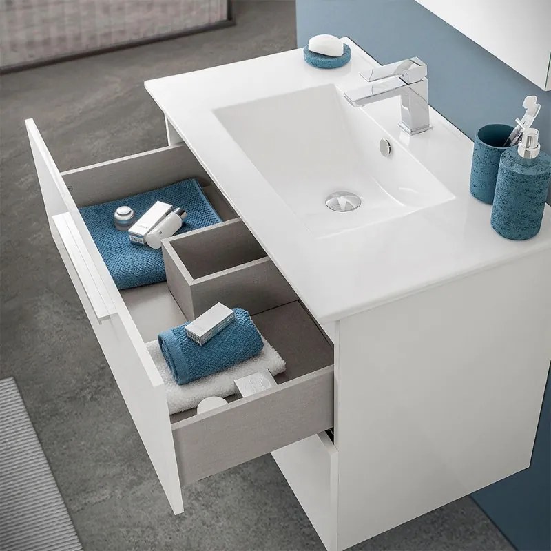 Mobile bagno sospeso 80 cm bianco lucido 2 cassetti e specchio