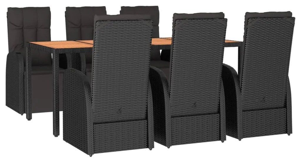 Set pranzo giardino 7pz nero polyrattan e legno massello acacia