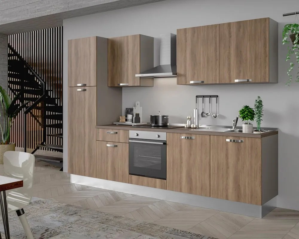 Cucina montata Dora rovere chiaro, lavello a destra, L 300 cm, completa di: cappa a camino, piano cottura a induzione, forno, frigorifero