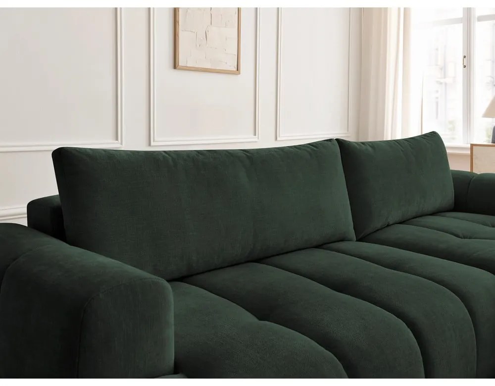 Divano angolare verde allungabile e con contenitore (penisola a destra/chaise lounge) con rivestimento in ciniglia Fuji – Bobochic Paris