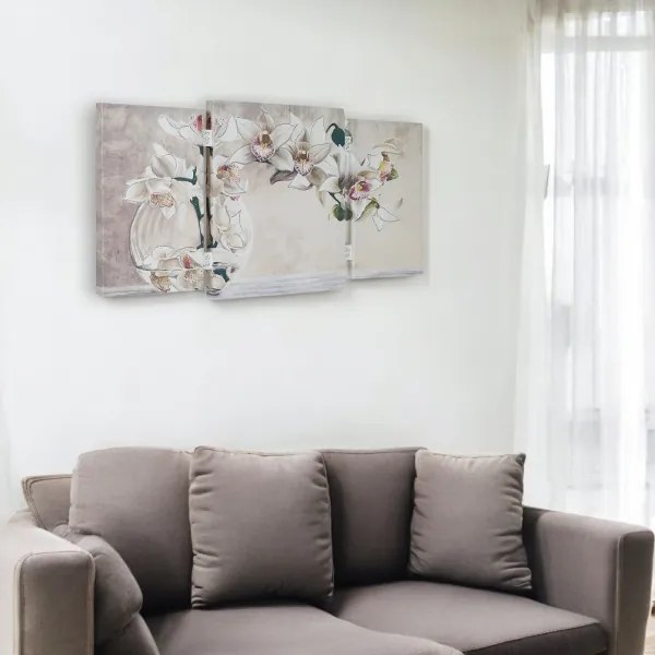 Quadro stampa su tela a TRIS 70x140 cm telaio in legno con disegno floreale Bianco