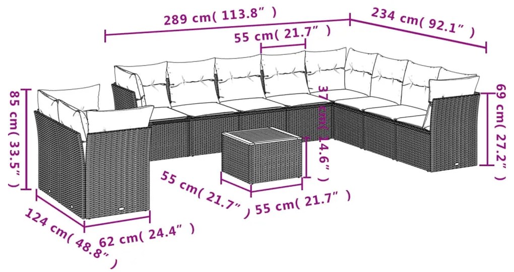 Set divani da giardino 11 pz con cuscini in polyrattan nero