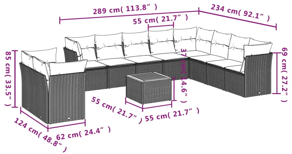 Set divani da giardino 11 pz con cuscini in polyrattan nero