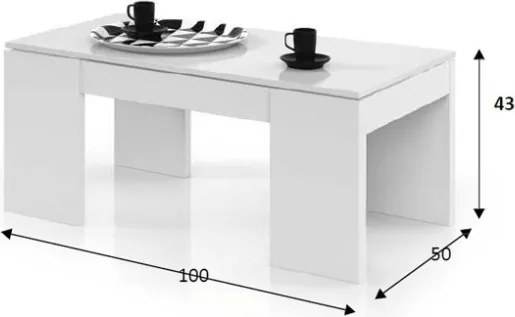 Tavolino Da Salotto Con Piano Elevabile 50x100x43 Cm Bianco Lucido