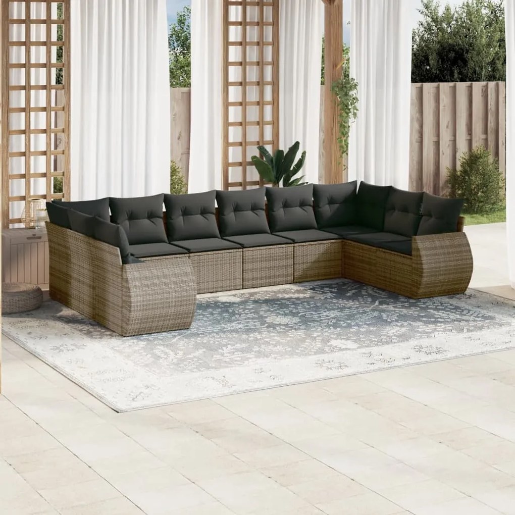 Set divano da giardino 10 pz con cuscini grigio in polyrattan