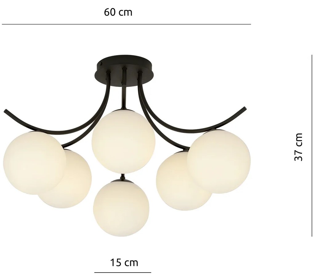Plafoniera Moderna 6 Luci Coeo In Acciaio Nero E Diffusori In Vetro Opale